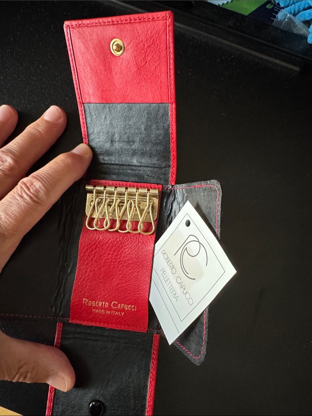 Italian Red Leather Key & Card Holder with Gold Hardware